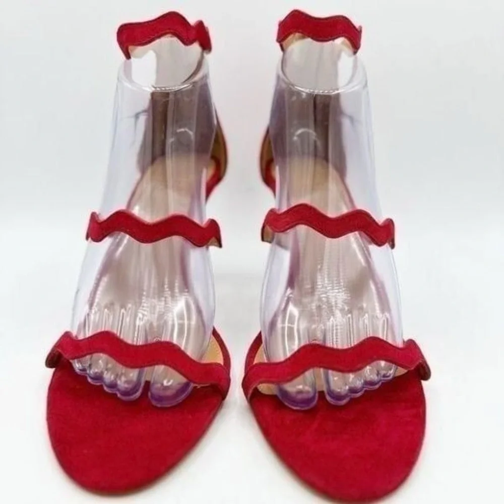 J Crew Red Suede Three-strap Scalloped Stiletto‎ Heeled Sandals Sz 9.5M